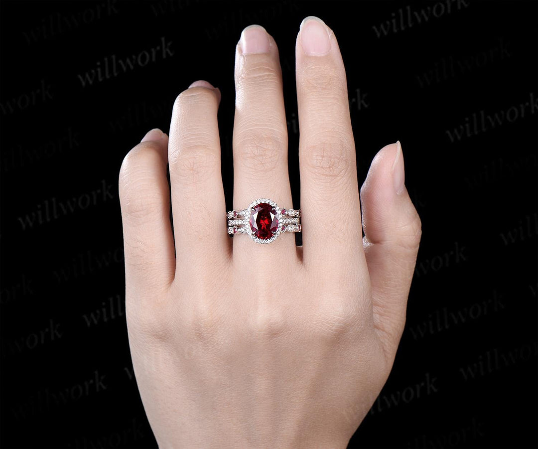 3ct oval red ruby engagement ring set white gold halo milgrain art deco diamond half eternity wedding bridal ring set jewelry