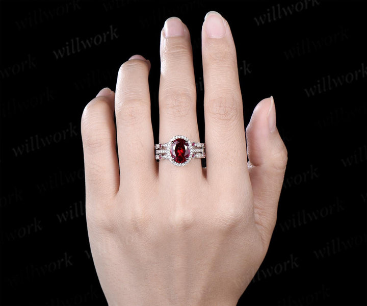 3ct oval red ruby engagement ring set white gold halo milgrain art deco diamond half eternity wedding bridal ring set jewelry