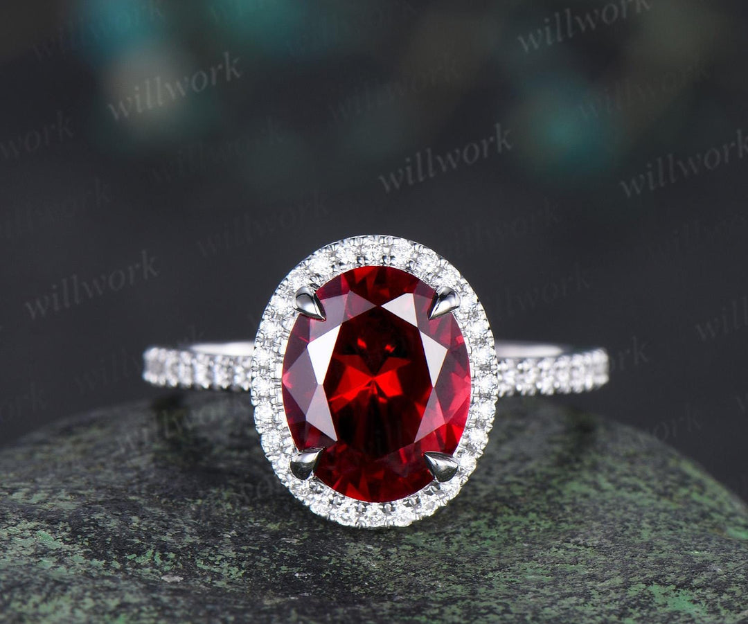 3ct oval red ruby engagement ring set white gold halo milgrain art deco diamond half eternity wedding bridal ring set jewelry