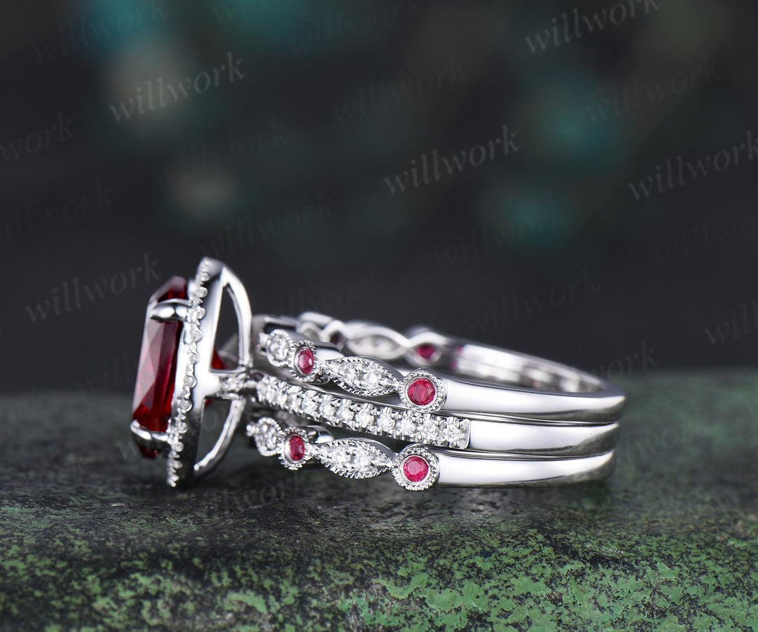 3ct oval red ruby engagement ring set white gold halo milgrain art deco diamond half eternity wedding bridal ring set jewelry