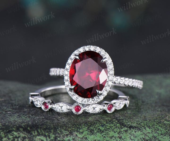 3ct oval red ruby engagement ring set white gold halo milgrain art deco diamond half eternity wedding bridal ring set jewelry