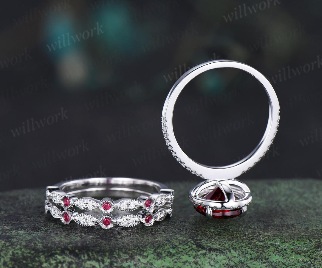 3ct oval red ruby engagement ring set white gold halo milgrain art deco diamond half eternity wedding bridal ring set jewelry