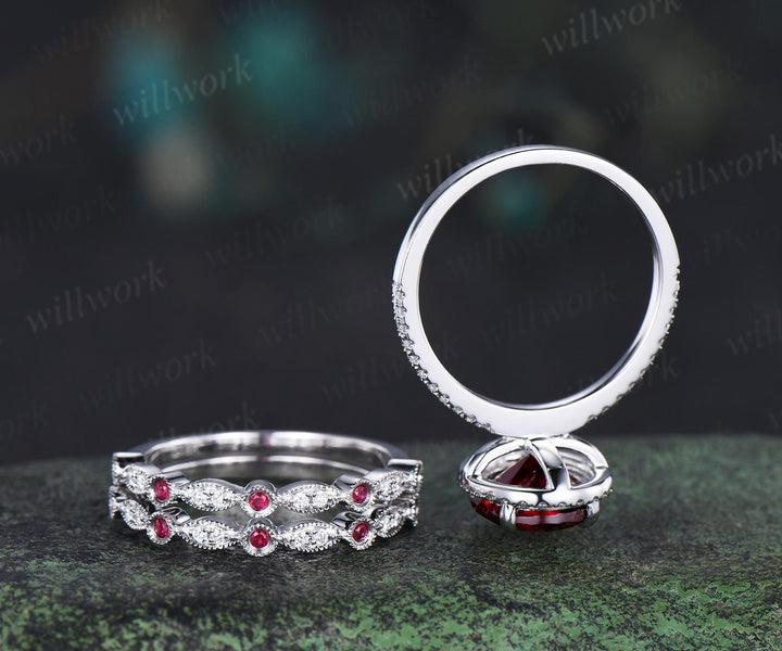 3ct oval red ruby engagement ring set white gold halo milgrain art deco diamond half eternity wedding bridal ring set jewelry