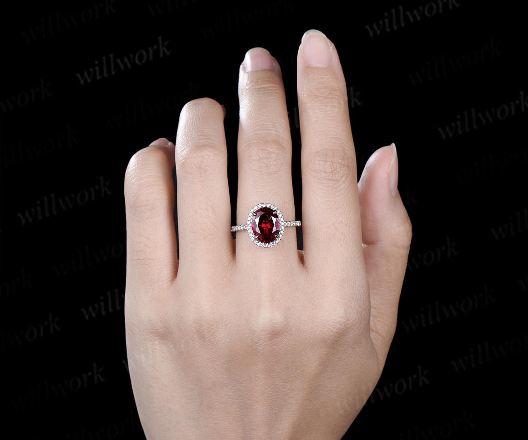 3ct oval red ruby engagement ring set white gold halo milgrain art deco diamond half eternity wedding bridal ring set jewelry