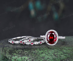 3ct oval red ruby engagement ring set white gold halo milgrain art deco diamond half eternity wedding bridal ring set jewelry
