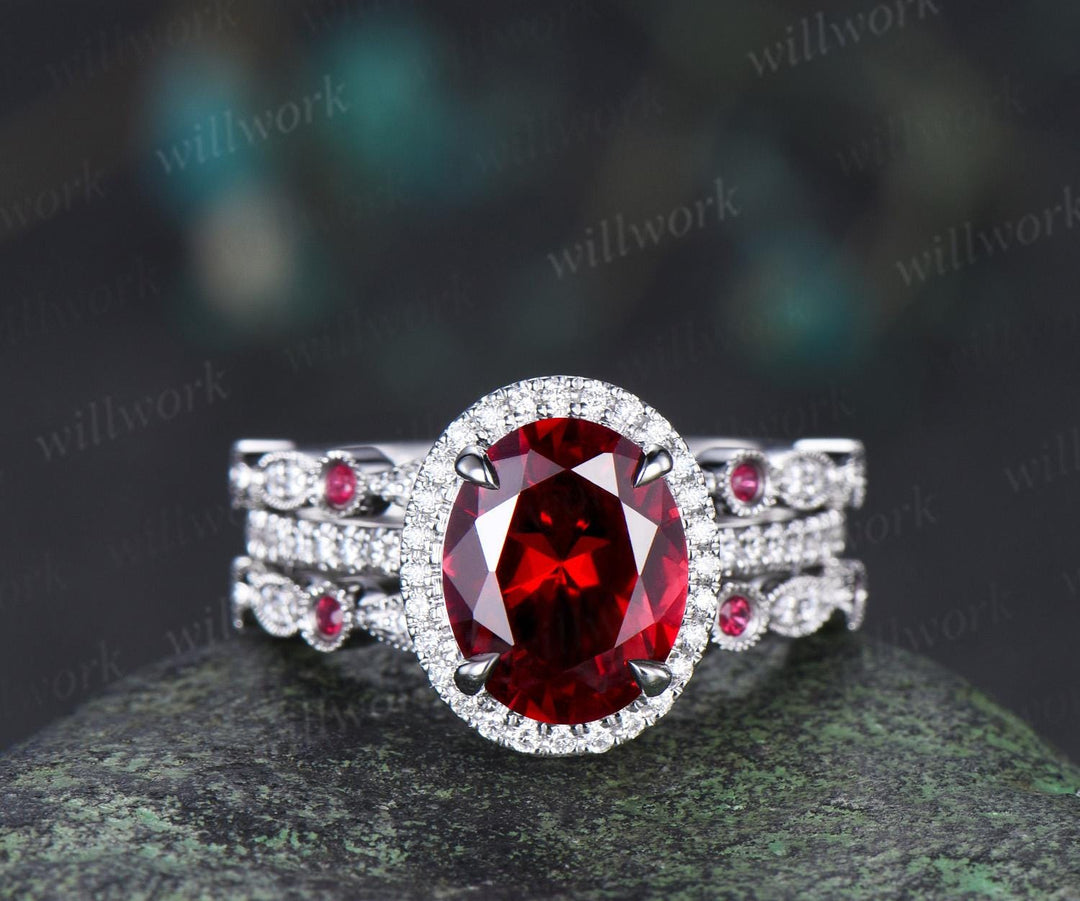 3ct oval red ruby engagement ring set white gold halo milgrain art deco diamond half eternity wedding bridal ring set jewelry