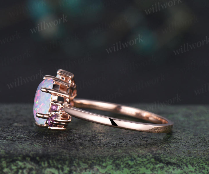 Oval white opal engagement ring rose gold 6 prong cluster amethyst ring dainty wedding bridal ring women