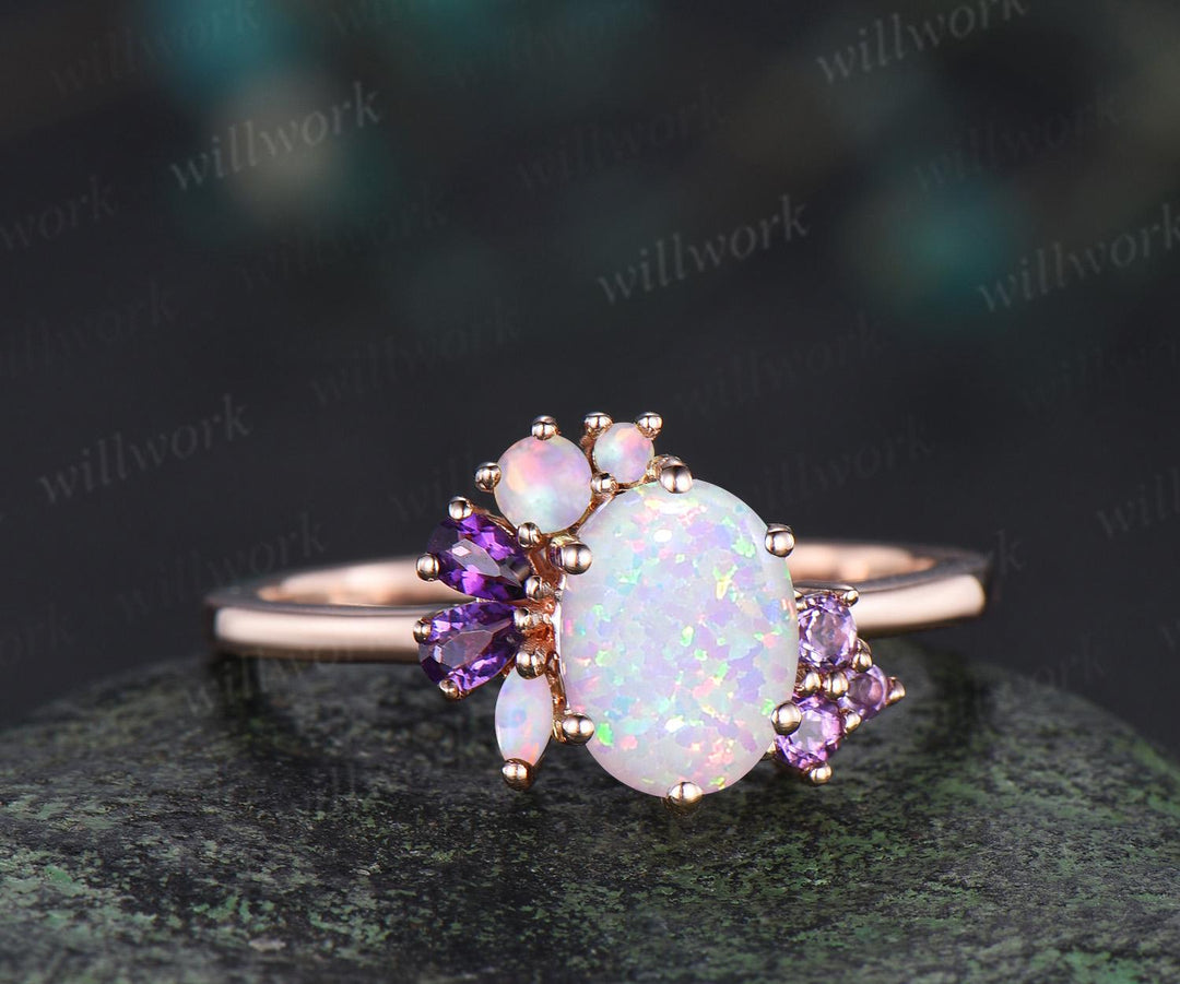 Oval white opal engagement ring rose gold 6 prong cluster amethyst ring dainty wedding bridal ring women