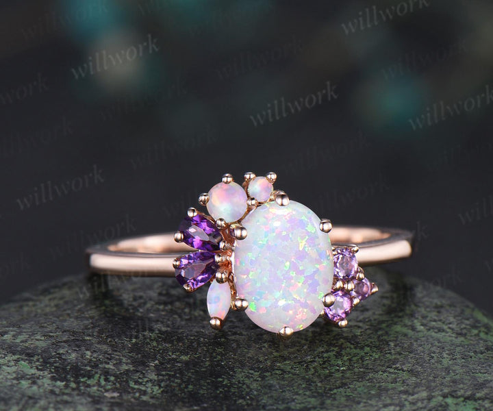 Oval white opal engagement ring rose gold 6 prong cluster amethyst ring dainty wedding bridal ring women
