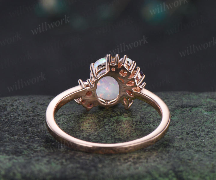 Oval white opal engagement ring rose gold 6 prong cluster amethyst ring dainty wedding bridal ring women