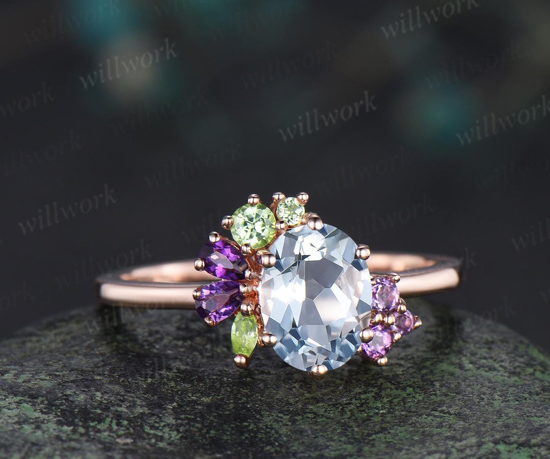 Oval cut natural aquamarine engagement ring 14k rose gold 6 prong cluster amethyst peridot ring dainty wedding promise ring women