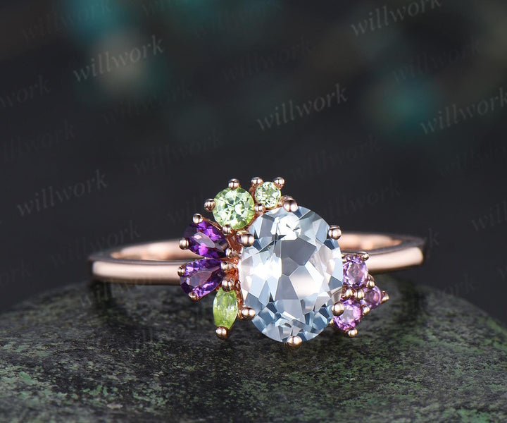 Oval cut natural aquamarine engagement ring 14k rose gold 6 prong cluster amethyst peridot ring dainty wedding promise ring women