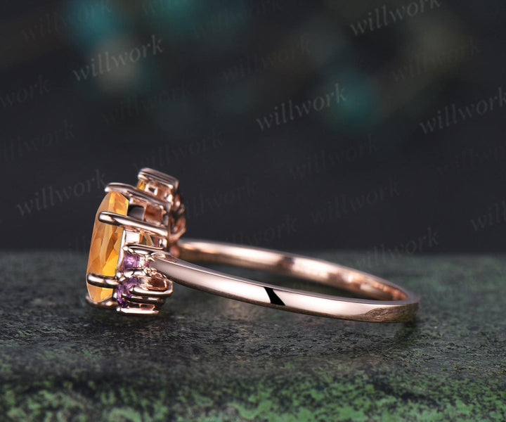 Oval cut yellow citrine engagement ring 14k rose gold 6 prong cluster amethyst ring women anniversary gift for her November birthstone ring