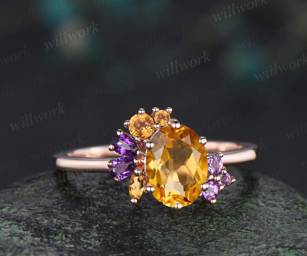 Oval cut yellow citrine engagement ring 14k rose gold 6 prong cluster amethyst ring women anniversary gift for her November birthstone ring