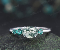 1ct moss agate emerald engagement ring oval cut solid 14k white gold east to west unique promise wedding ring women four stone ring silver