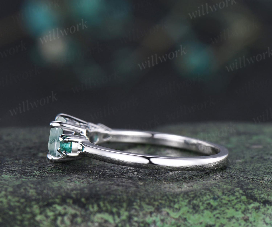 1ct moss agate emerald engagement ring oval cut solid 14k white gold east to west unique promise wedding ring women four stone ring silver