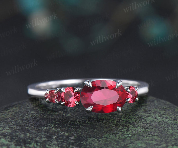 1ct oval cut red ruby engagement ring solid 14k white gold east to west unique promise wedding ring women four stone ring silver