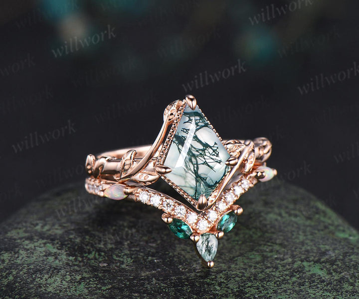 Vintage kite cut natural moss agate engagement ring set 14k rose gold branch nature inspired leaf opal bridal ring set women jewelry