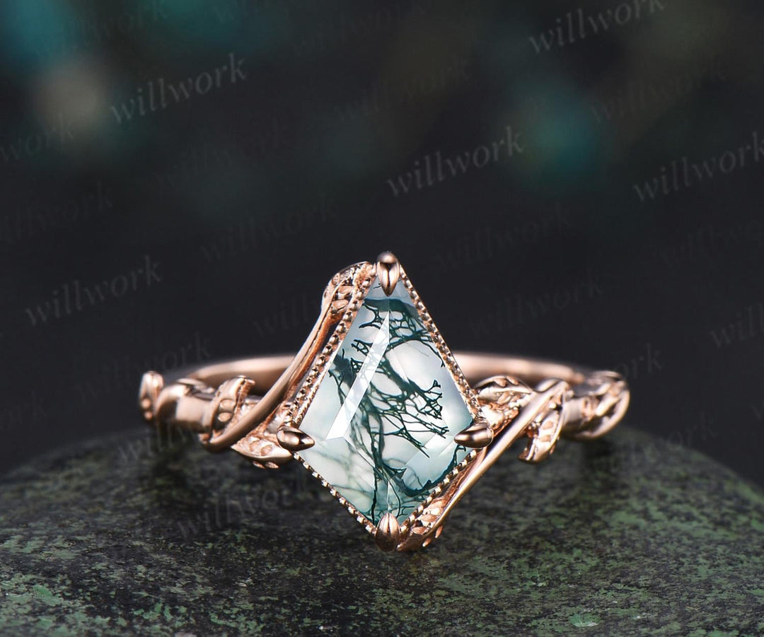 Vintage kite cut natural moss agate engagement ring set 14k rose gold branch nature inspired leaf opal bridal ring set women jewelry