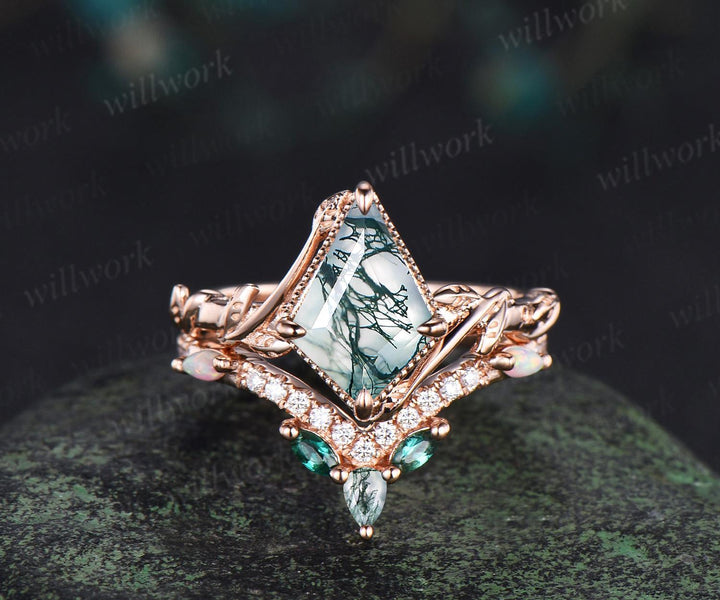 Vintage kite cut natural moss agate engagement ring set 14k rose gold branch nature inspired leaf opal bridal ring set women jewelry