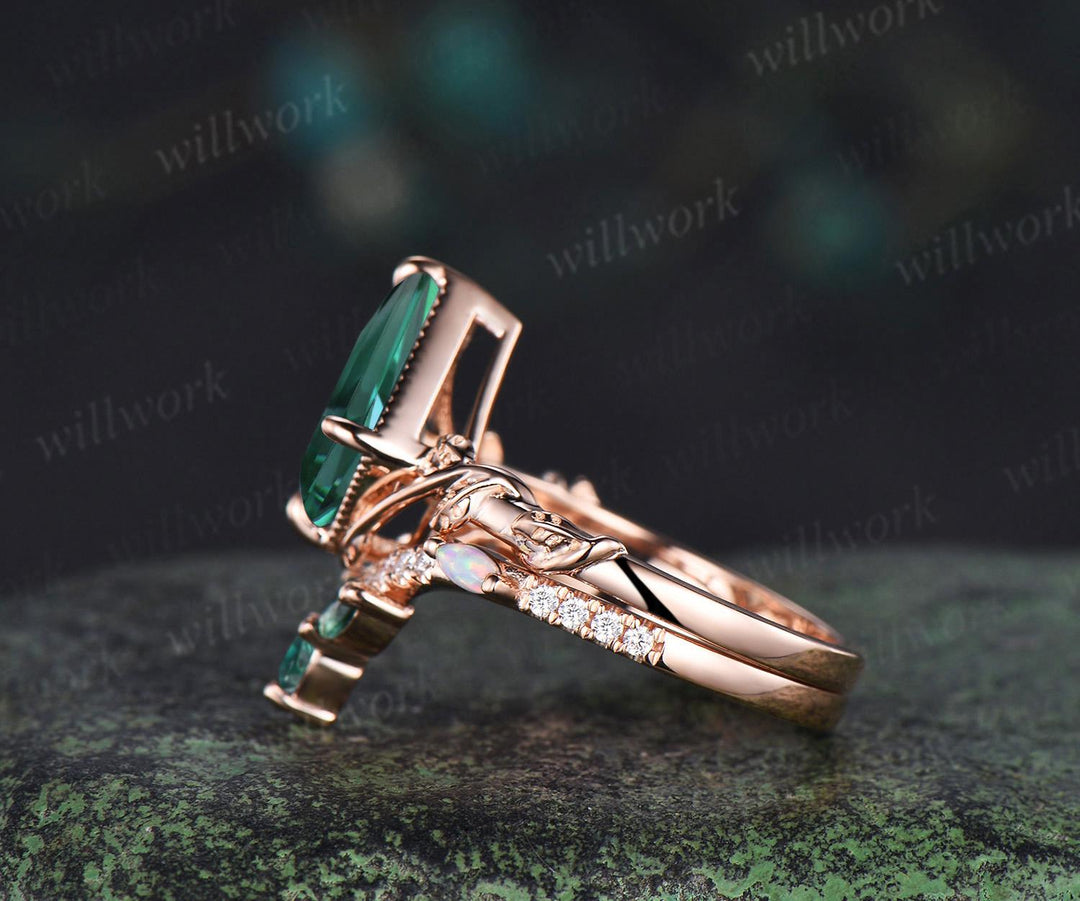 Vintage kite cut green emerald engagement ring set 14k rose gold branch nature inspired leaf opal bridal ring set women jewelry