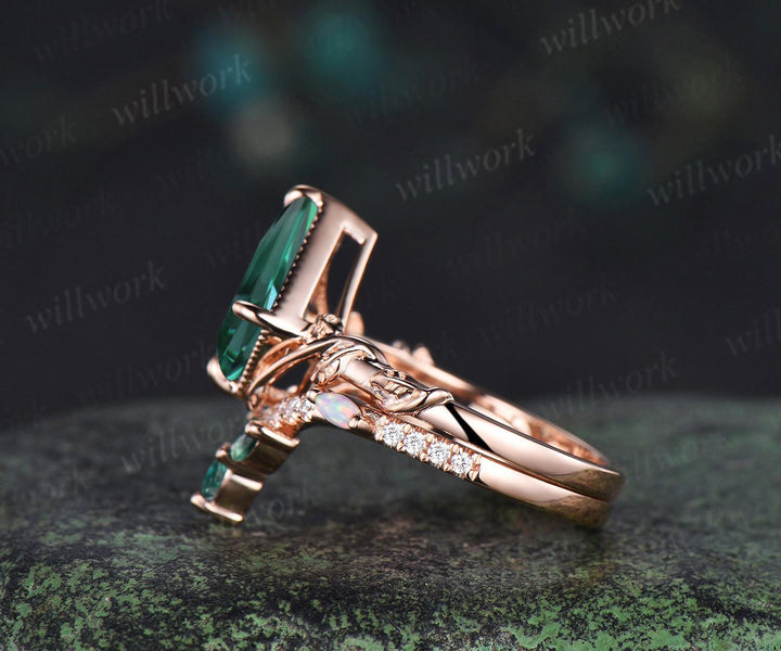 Vintage kite cut green emerald engagement ring set 14k rose gold branch nature inspired leaf opal bridal ring set women jewelry