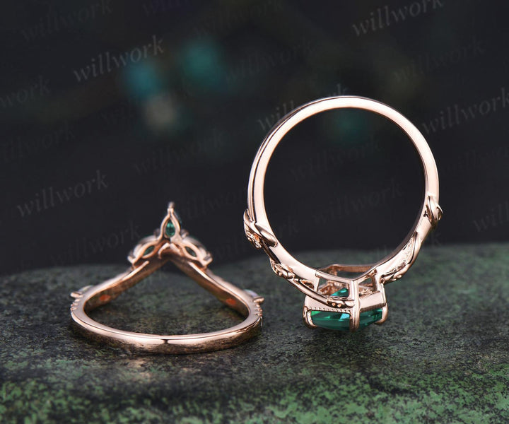 Vintage kite cut green emerald engagement ring set 14k rose gold branch nature inspired leaf opal bridal ring set women jewelry
