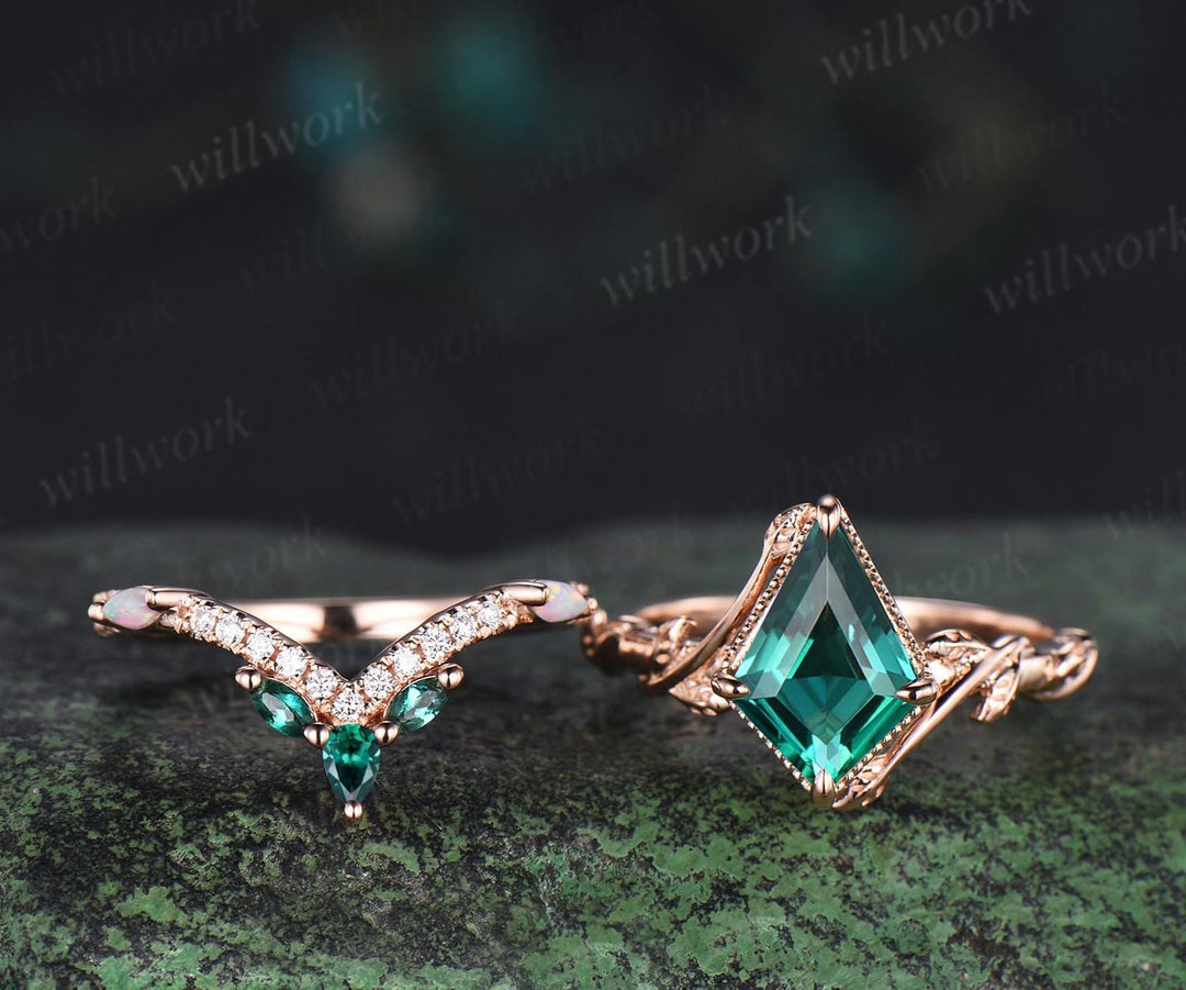 Vintage kite cut green emerald engagement ring set 14k rose gold branch nature inspired leaf opal bridal ring set women jewelry