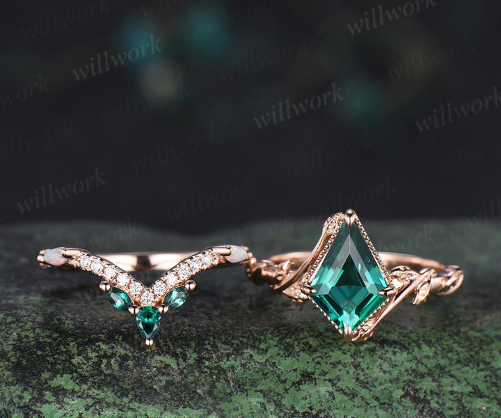 Vintage kite cut green emerald engagement ring set 14k rose gold branch nature inspired leaf opal bridal ring set women jewelry