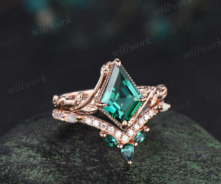 Vintage kite cut green emerald engagement ring set 14k rose gold branch nature inspired leaf opal bridal ring set women jewelry