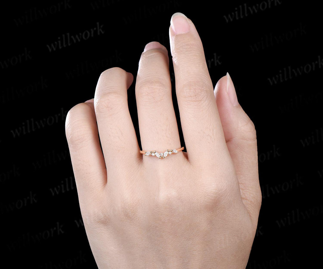 Cluster marquise cut moissanite diamond wedding band 14k yellow gold stacking bridal ring women gift