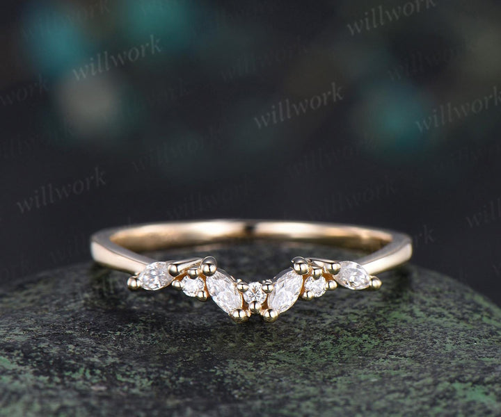 Cluster marquise cut moissanite diamond wedding band 14k yellow gold stacking bridal ring women gift