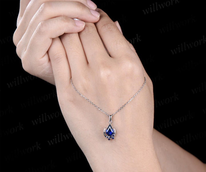 Kite blue sapphire necklace solid 14k 18k white gold vintage unique cluster moon pendant women her gemstone anniversary bridal gift mother