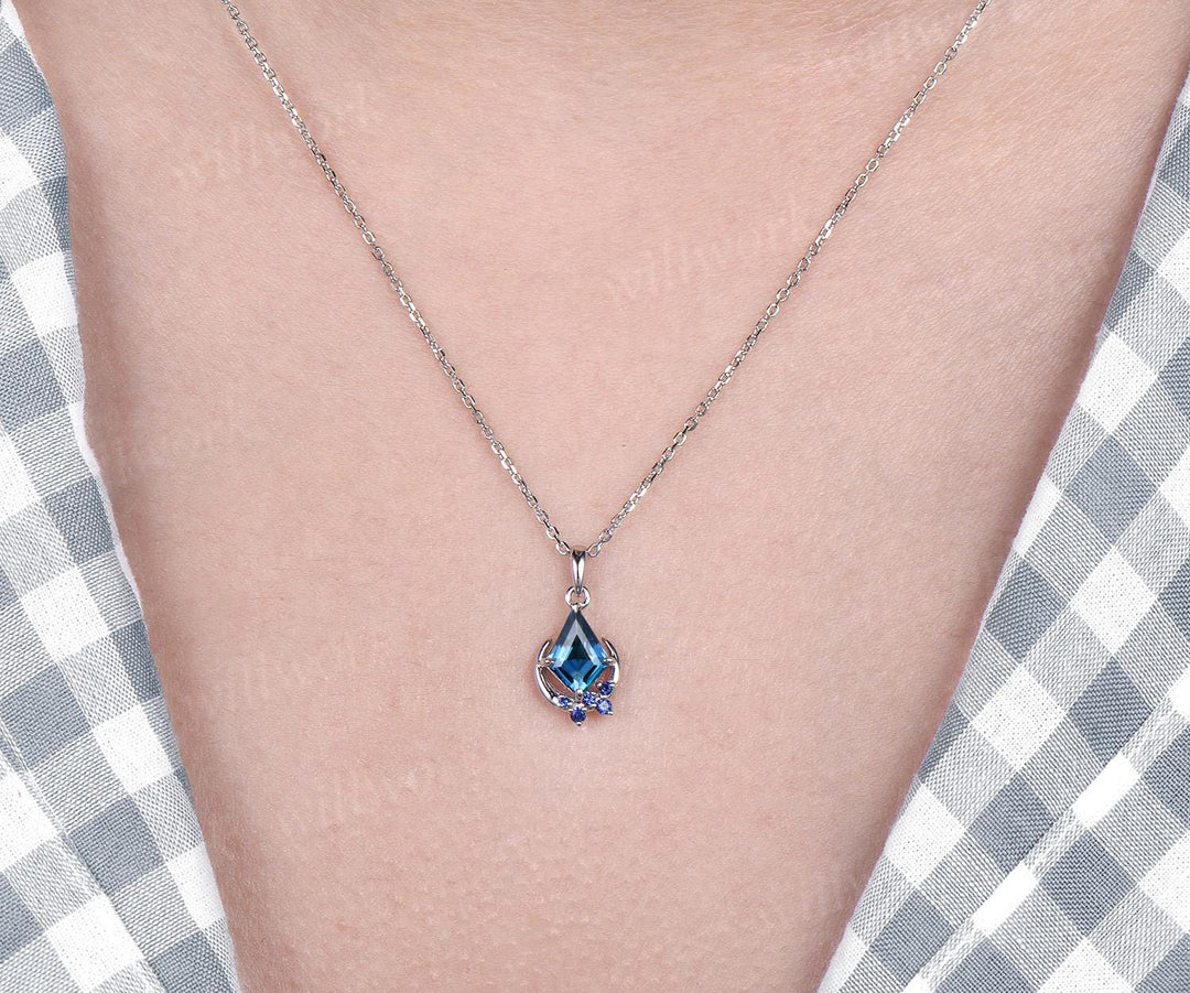 Kite cut London blue topaz necklace solid 14k 18k white gold vintage unique cluster moon pendant women her anniversary bridal gift mother