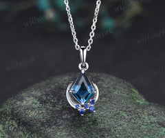 Kite cut London blue topaz necklace solid 14k 18k white gold vintage unique cluster moon pendant women her anniversary bridal gift mother