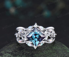 Vintage princess cut Alexandrite engagement ring set 14k white gold leaf opal wedding ring set jewelry June birthstone ring