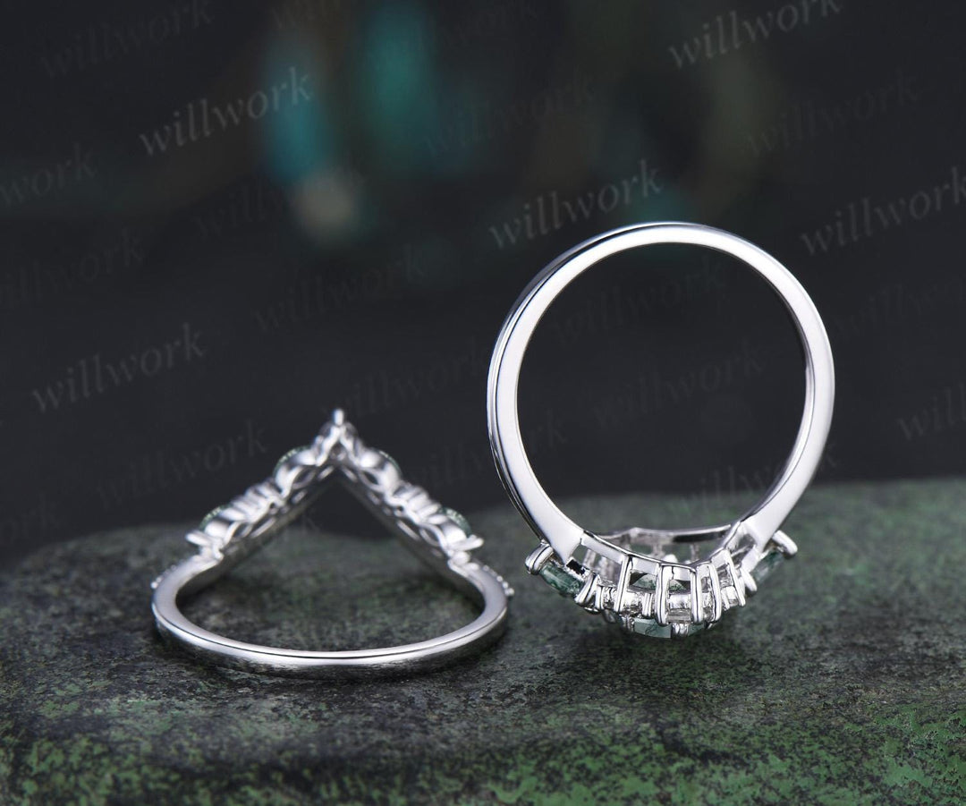 Oval moss agate engagement ring set 14k white gold kite princess halo unique promise wedding ring set retro green gemstone ring silver