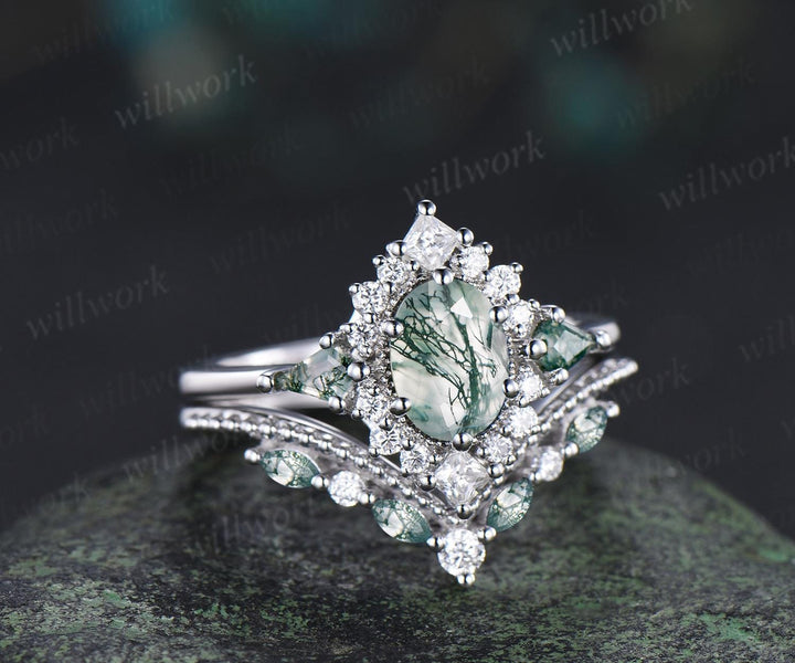 Oval moss agate engagement ring set 14k white gold kite princess halo unique promise wedding ring set retro green gemstone ring silver