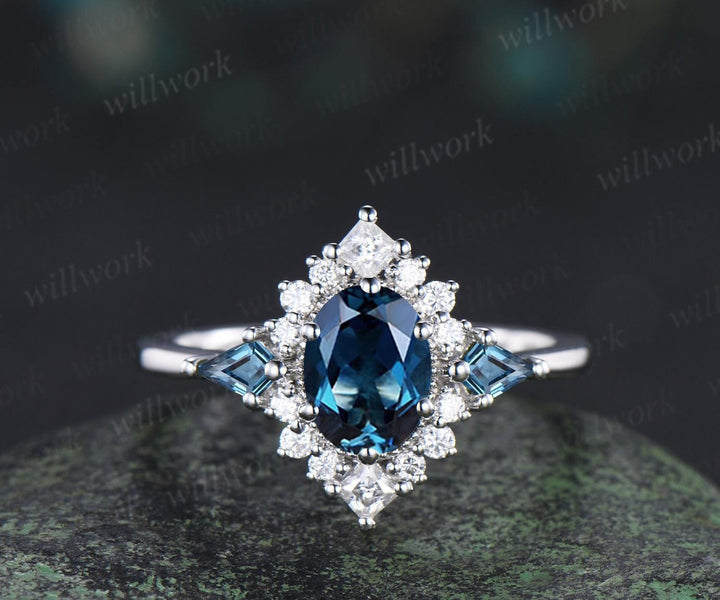 Oval London blue topaz engagement ring set 14k white gold kite princess halo unique promise wedding ring set December birthstone ring silver