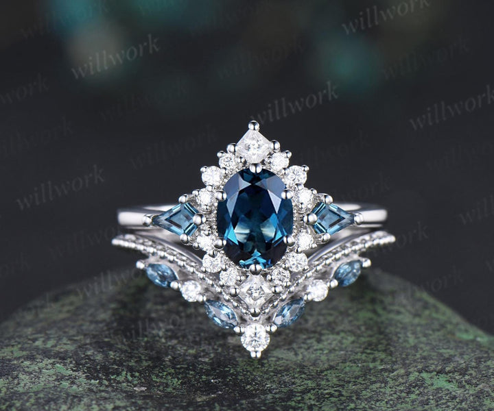 Oval London blue topaz engagement ring set 14k white gold kite princess halo unique promise wedding ring set December birthstone ring silver