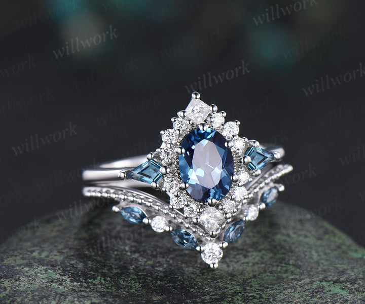 Oval London blue topaz engagement ring set 14k white gold kite princess halo unique promise wedding ring set December birthstone ring silver