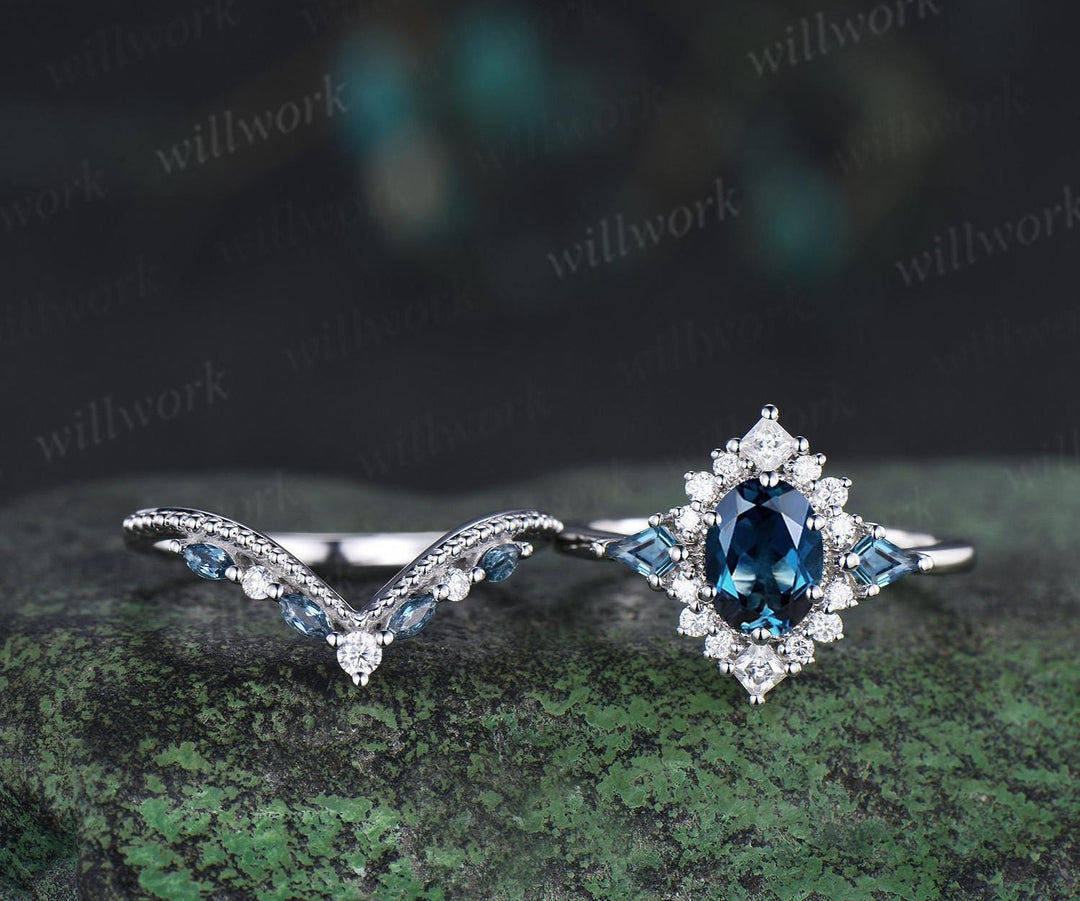 Oval London blue topaz engagement ring set 14k white gold kite princess halo unique promise wedding ring set December birthstone ring silver