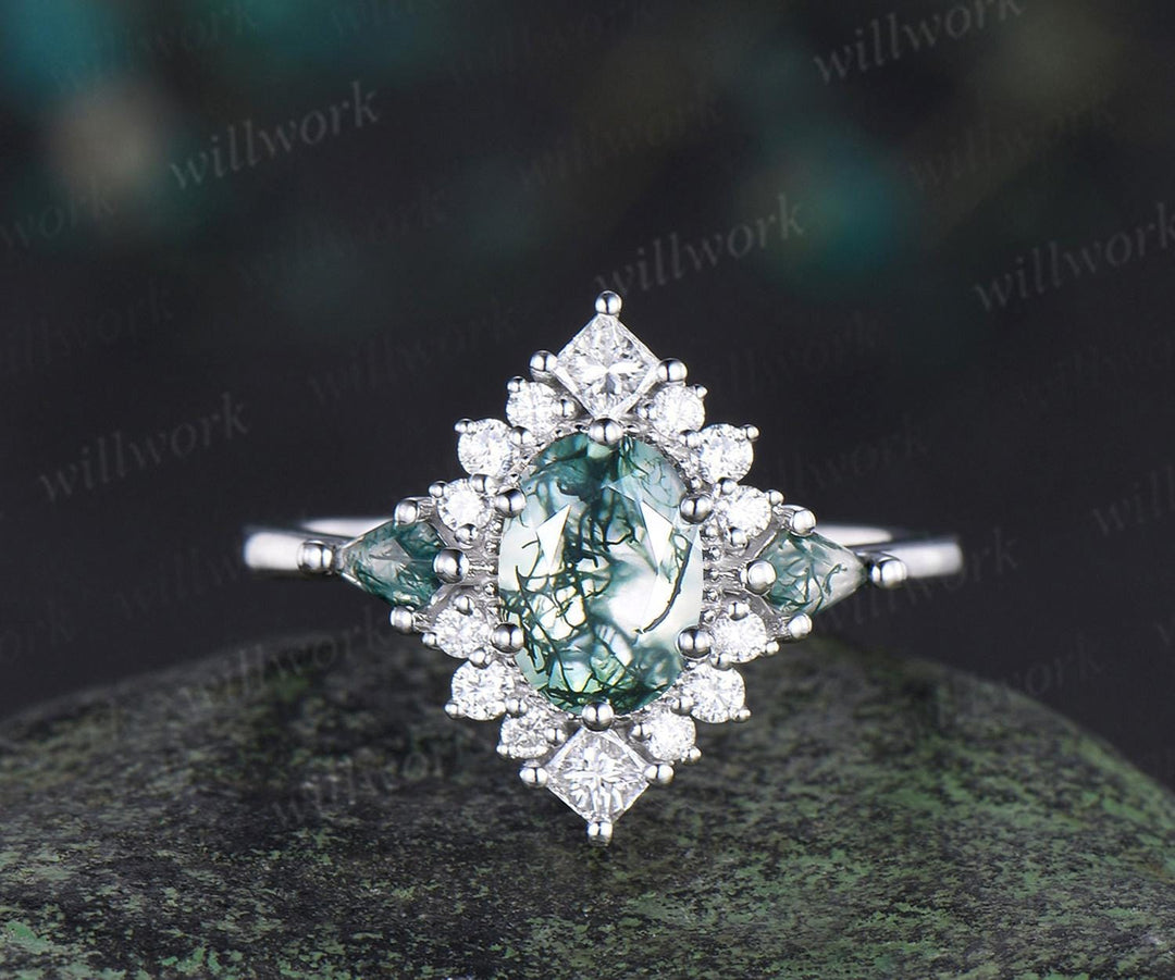 Vintage oval moss agate engagement ring set stacking matching moissanite bridal ring set jewelry handmade unique promise wedding ring women