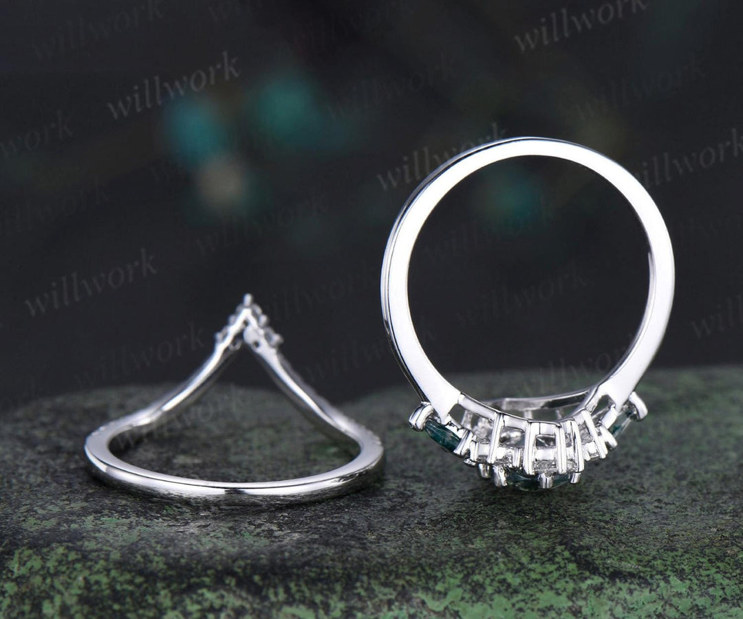 Vintage oval moss agate engagement ring set stacking matching moissanite bridal ring set jewelry handmade unique promise wedding ring women
