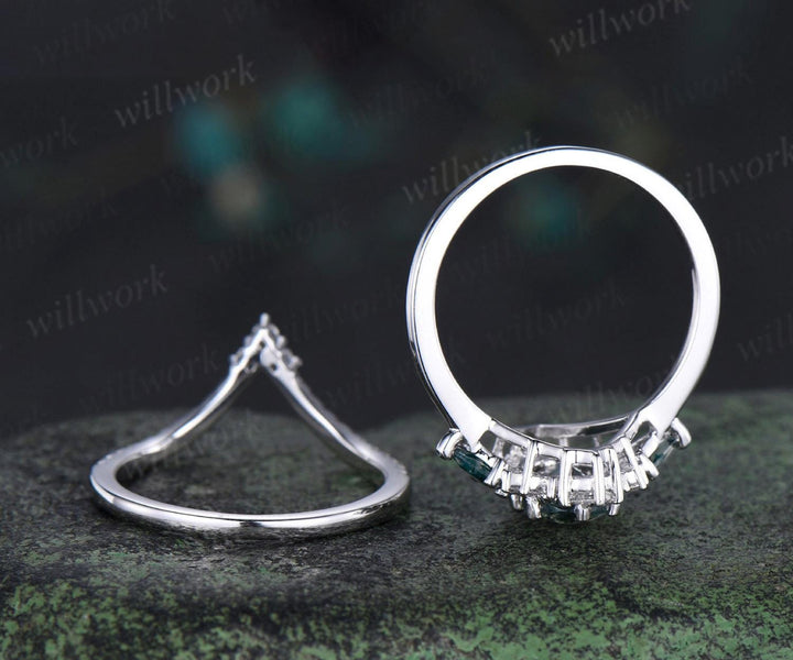 Vintage oval moss agate engagement ring set stacking matching moissanite bridal ring set jewelry handmade unique promise wedding ring women