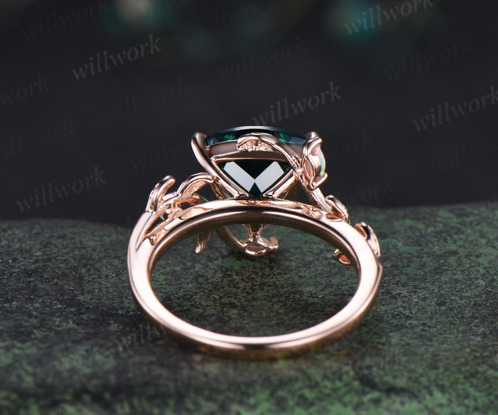 3ct Trillion cut green emerald engagement ring solid 14k rose gold leaf nature inspired five stone opal ring vintage May birthstone ring