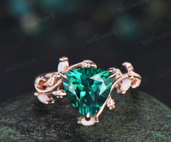 3ct Trillion cut green emerald engagement ring solid 14k rose gold leaf nature inspired five stone opal ring vintage May birthstone ring
