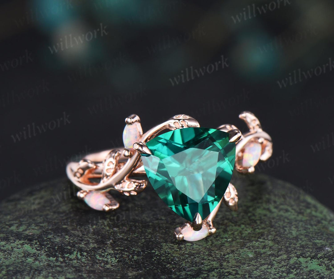 3ct Trillion cut green emerald engagement ring solid 14k rose gold leaf nature inspired five stone opal ring vintage May birthstone ring