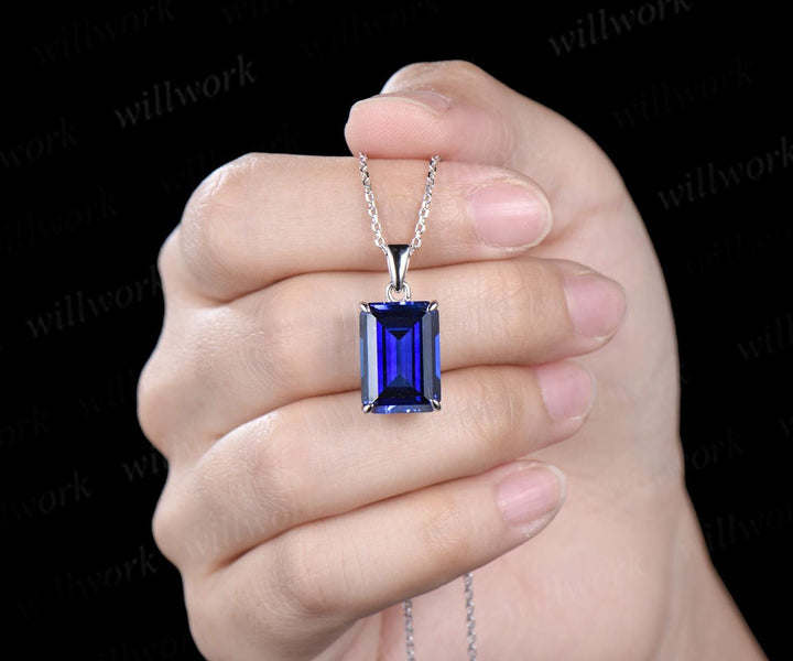 8ct emerald cut blue sapphire necklace solid 9k 14k 18k white gold solitaire pendant September birthstone anniversary bridal gift mother