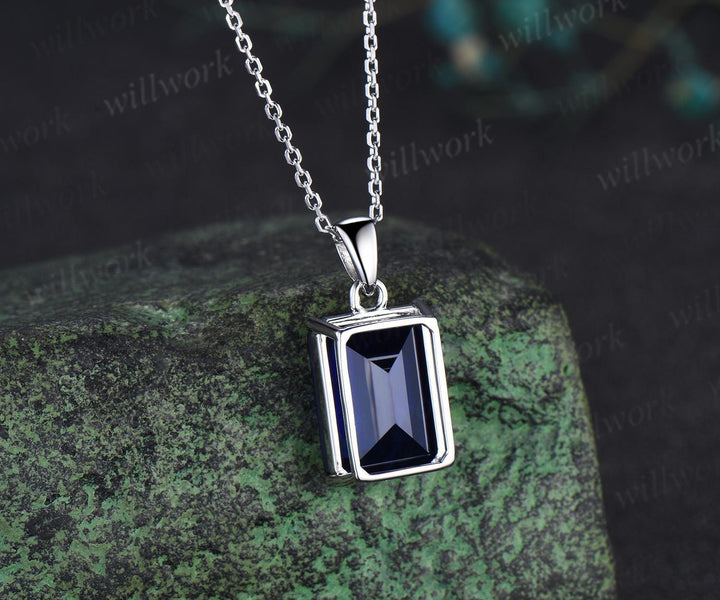 8ct emerald cut blue sapphire necklace solid 9k 14k 18k white gold solitaire pendant September birthstone anniversary bridal gift mother